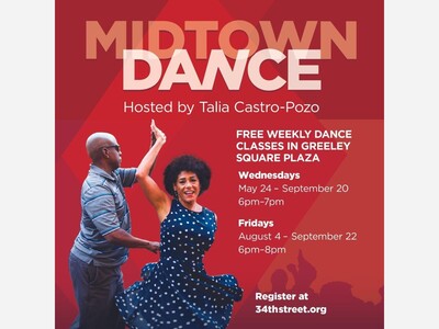 Free dance classes at Greeley Square Plaza start today at 6:00 PM.